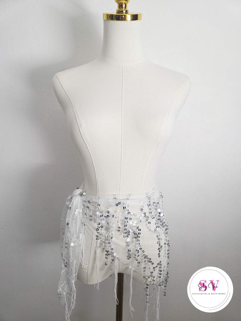 White sequin fringe skirt cover up with silver sequins and fringe